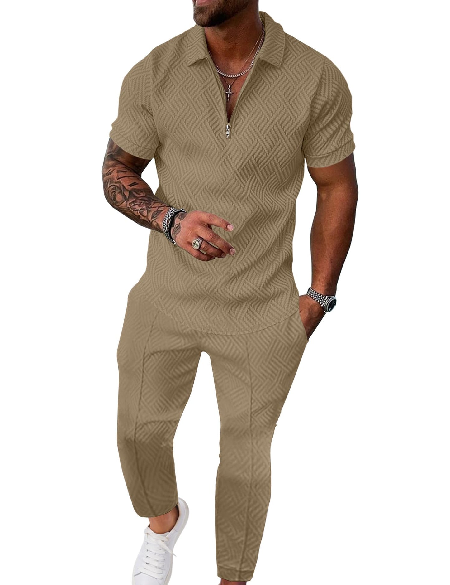 UOUA Mens Sweat Suits Set Tracksuit 2 Piece Outfits Short Sleeve Casual Sweatshirt & Loose Jogging Pants