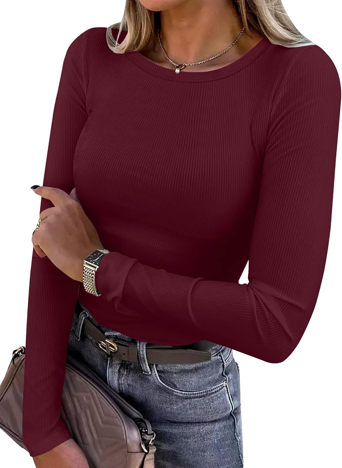 ANRABESS Women Long Sleeve Shirts Rib Knit Slim Fit Tops Basic Tee Spring Outfits Casual T-Shirt Underscrubs Layer Clothes