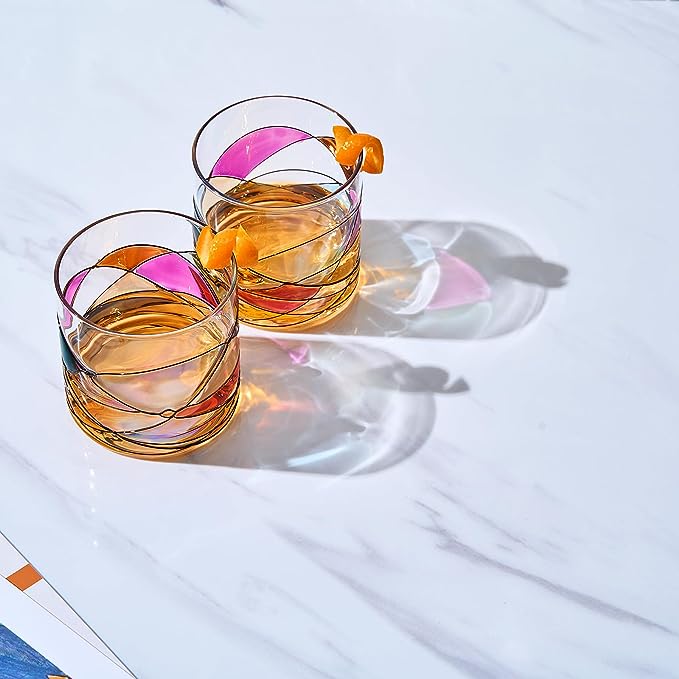 Artisanal Hand Painted Whiskey - Gift for Dad, Friends, Boyfriends, Renaissance Romantic Stain-glassed Windows Cocktail Glasses Set of 2 - Gift Idea for Birthday, Housewarming - 9.6 OZ Glassware-2