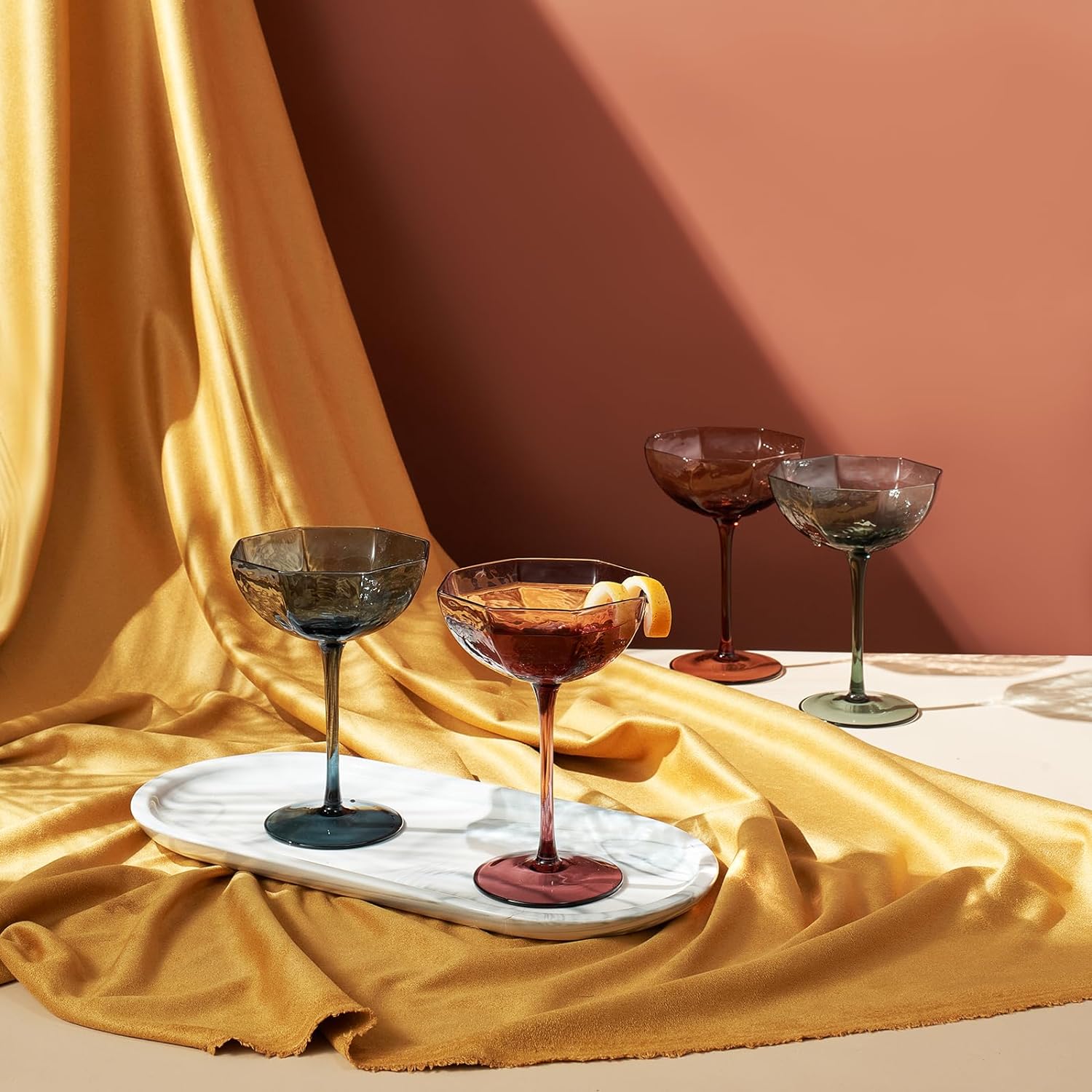 Khen Cocktail, Martini & Champagne Luxury Angled Coupe Glasses 6 oz | Set of 4 | Muted Colored-4