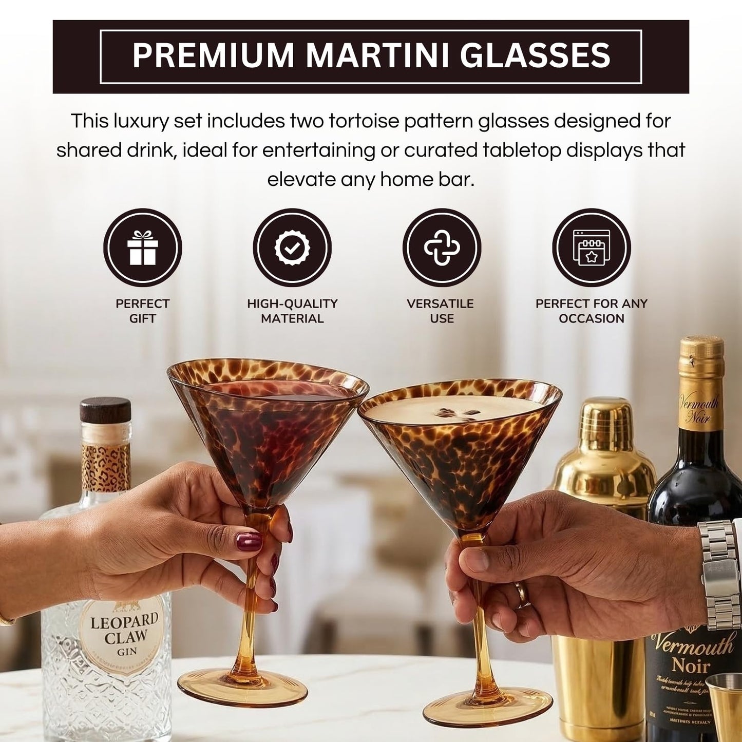 Tortoise Leopard Print Martini 9oz - Set of 2, 7.1" Spotted Borosilicate Cocktail