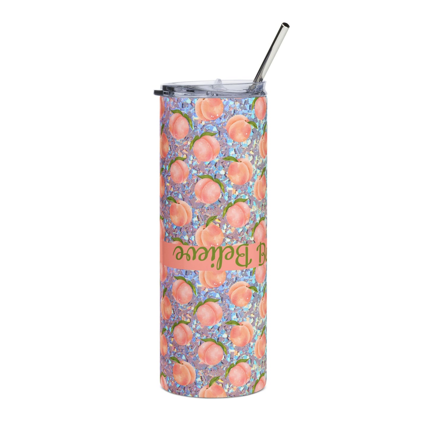 Custom Peach Pattern Believe Tumbler | 20oz Stainless Steel Travel Cup