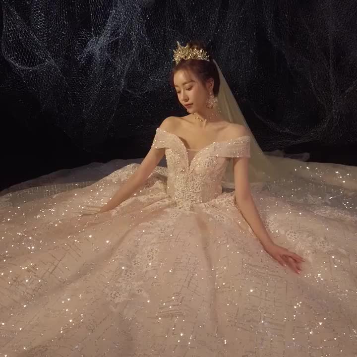 One-Shoulder Starry Sky Trailing Wedding Dress