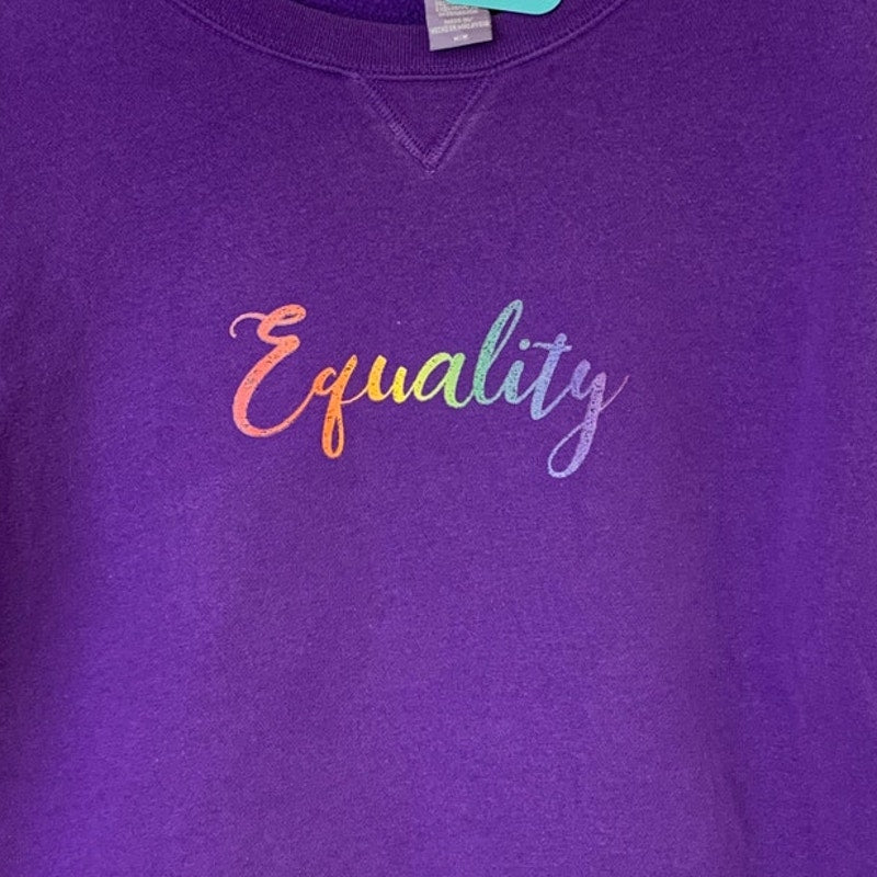 Upcycled Hand Printed Womens Medium Rainbow Equality Long Sleeve Sweatshirt