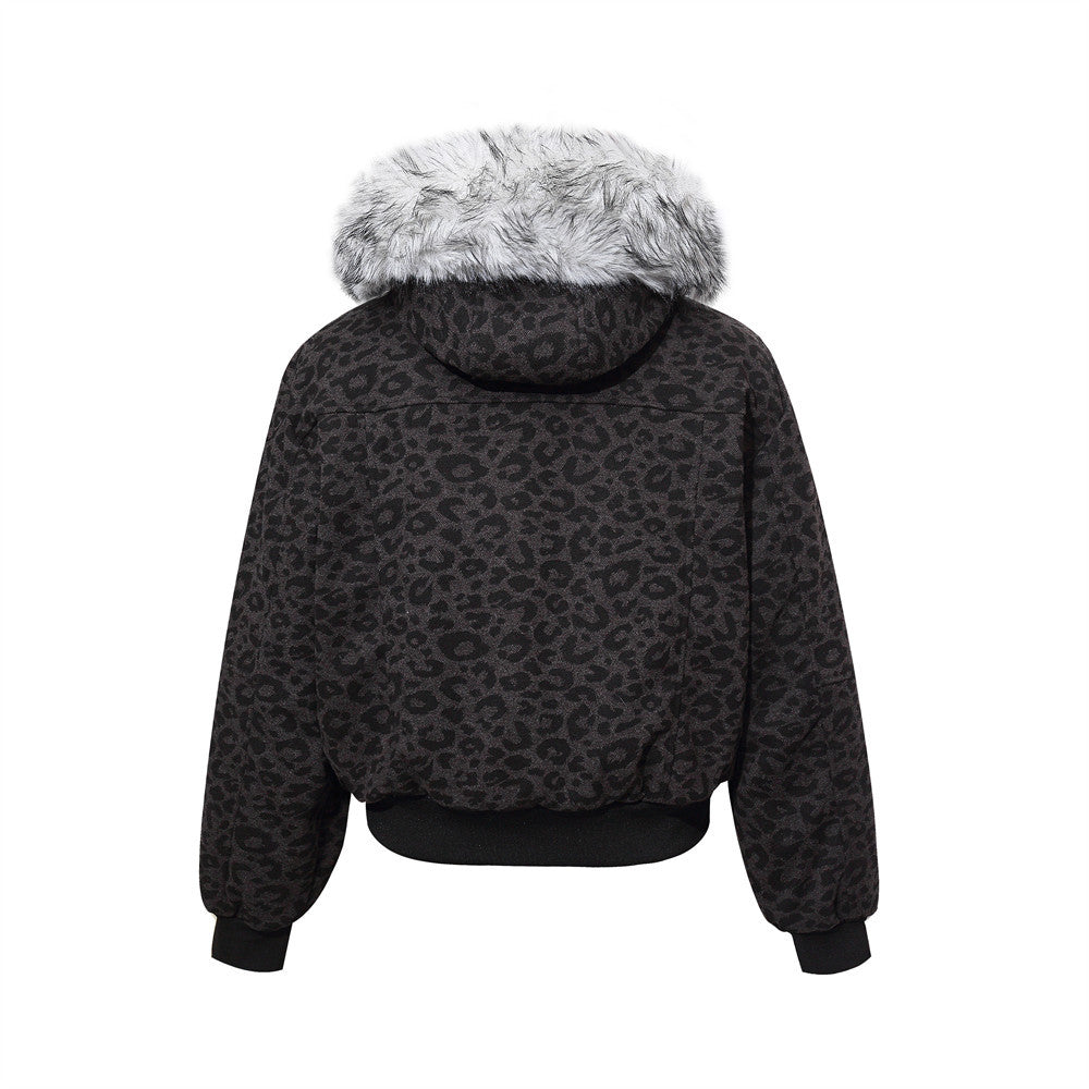 Mountain carving leopard print short hooded cotton jacket
