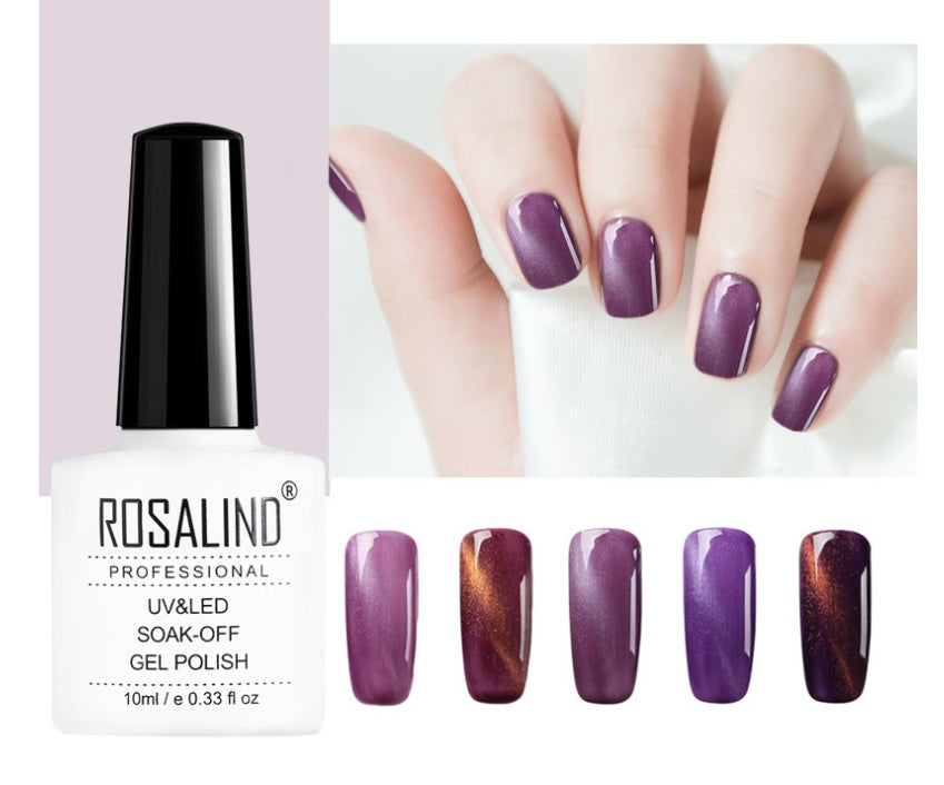 A bottle of ROSALIND Professional UV&LED Soak-Off Gel Polish shown next to a hand with purple manicured nails and five nail color swatches displaying different polish effects.