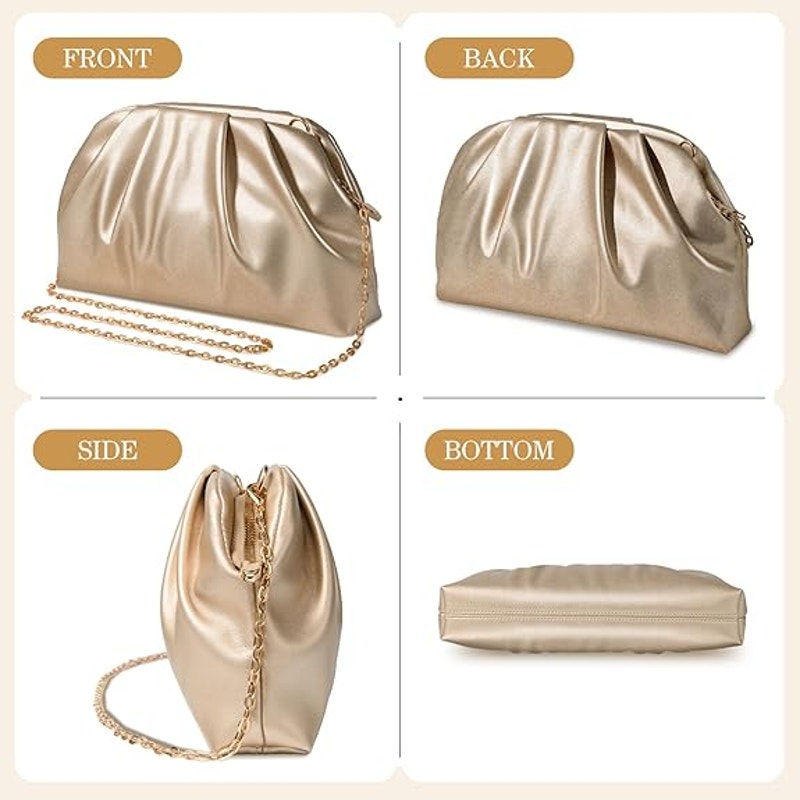 lovyoCoCo Womens Gold Pleated PU Leather Magnetic Closure Clutch Shoulder Bag