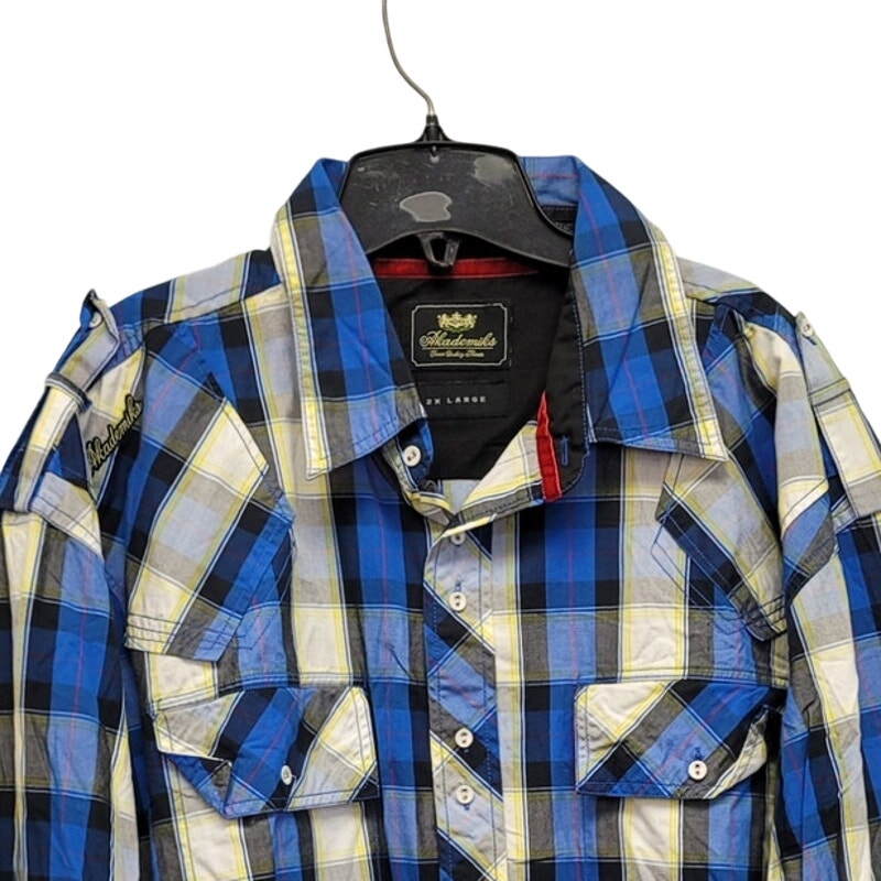 Akademiks Mens 2XL 100% Cotton Plaid Long Sleeve Button Up Shirt w Front Pockets