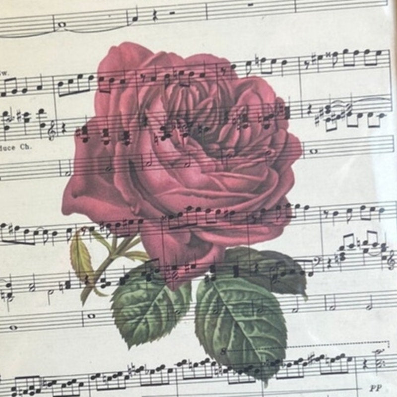 Handmade Upcycled Vintage Sheet Music Pink Rose Flower Wood Framed Wall Art