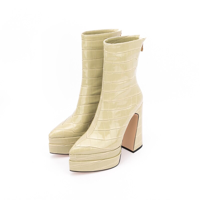 Women's Autumn and Winter New European and American Fashion Stone Pattern Thick High-heeled Thick-soled Pointed Ankle Boots