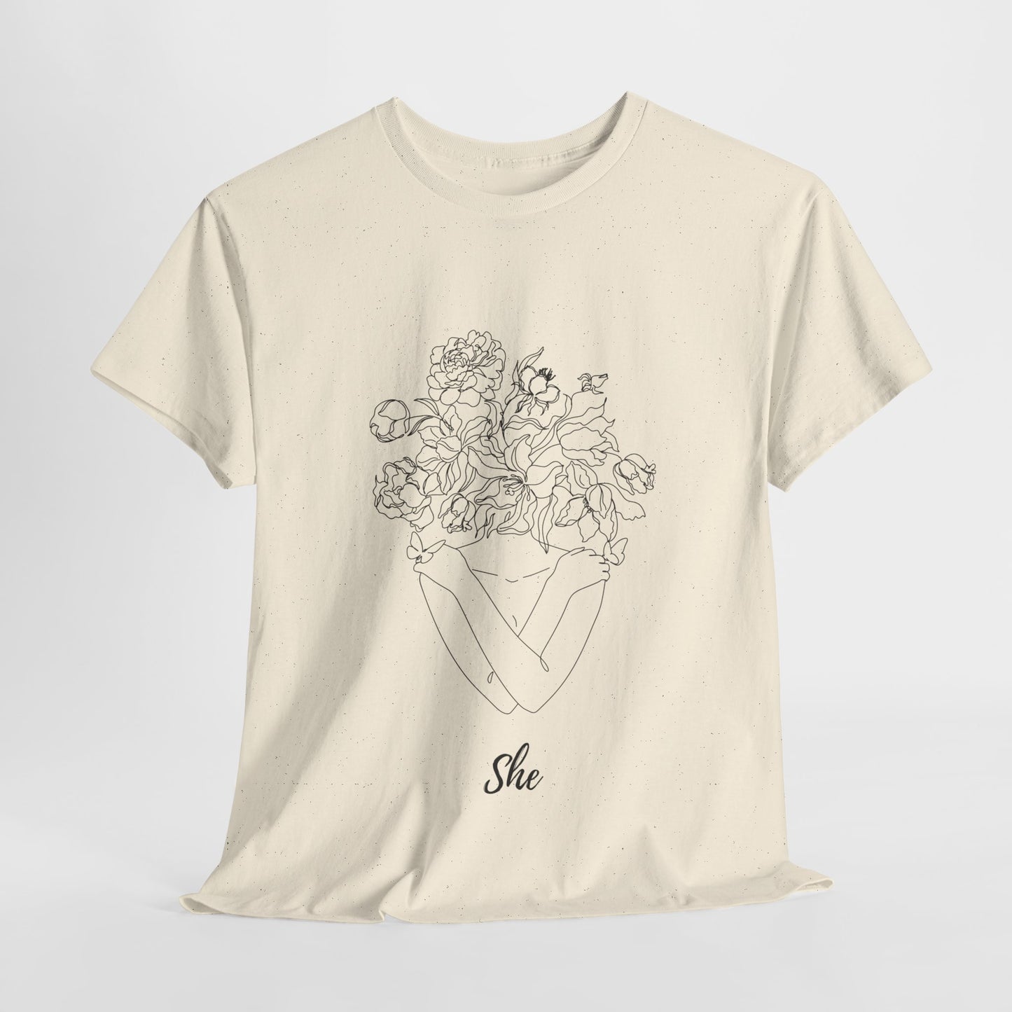 SHE Floral Love Unisex Heavy Cotton Tee, Casual T-Shirt, Gift for Her, Summer Fashion, Relaxed Fit Tee