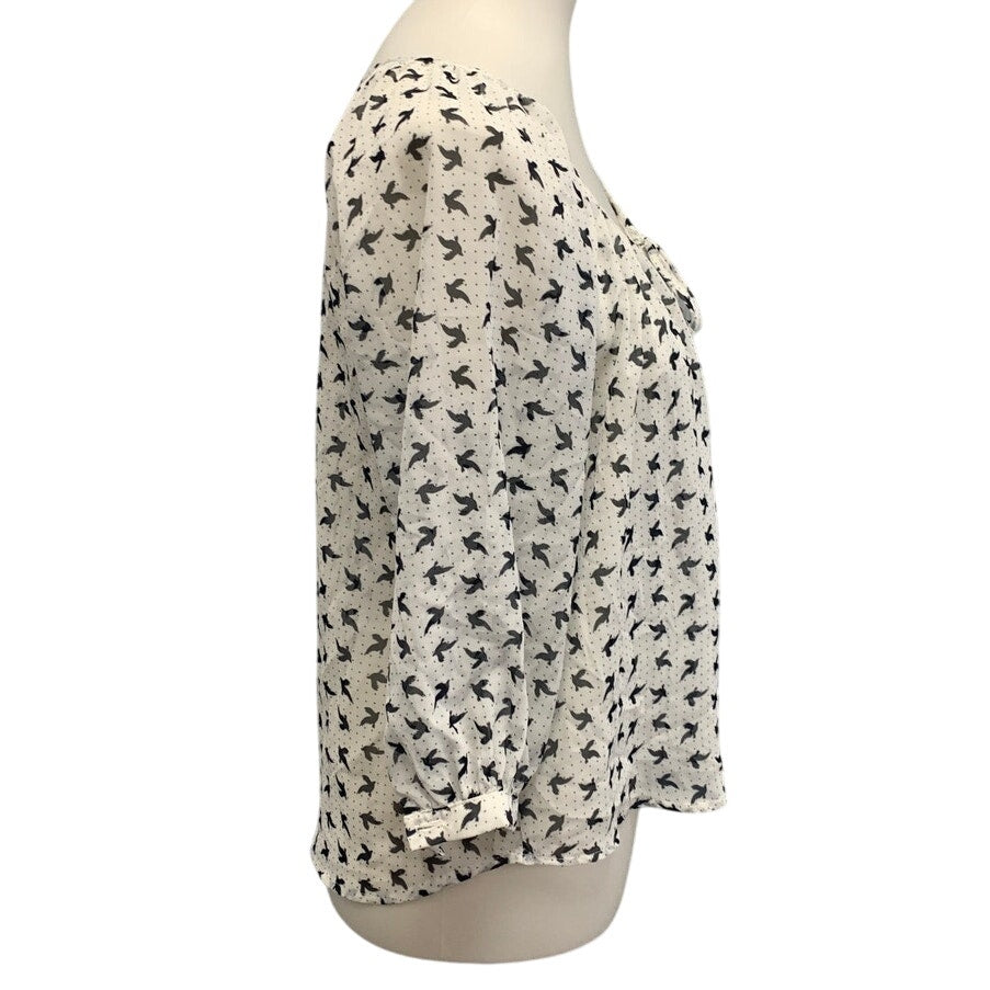 Lily Star Womens Small Sheer Bird Polka Dot Pullover Long Sleeve Blouse