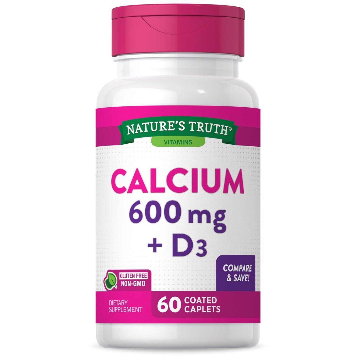 Nature's Truth Calcium Plus Vitamin D3, 600 Mg, 60 Coated Caplets