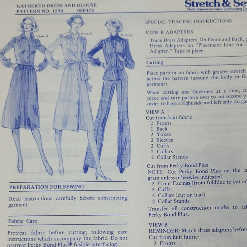 Vintage 1978 Stretch & Sew 1590 Gathered Dress And Blouse Uncut Sewing Pattern