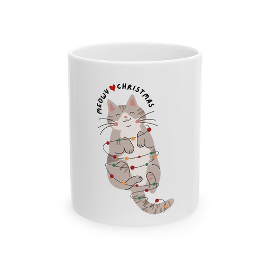 Meowy Christmas Merry Christmas Cat Mug, Cute Kitty Coffee Cup, Holiday Drinkware, Cat Lover Gift, Festive Ceramic Mug