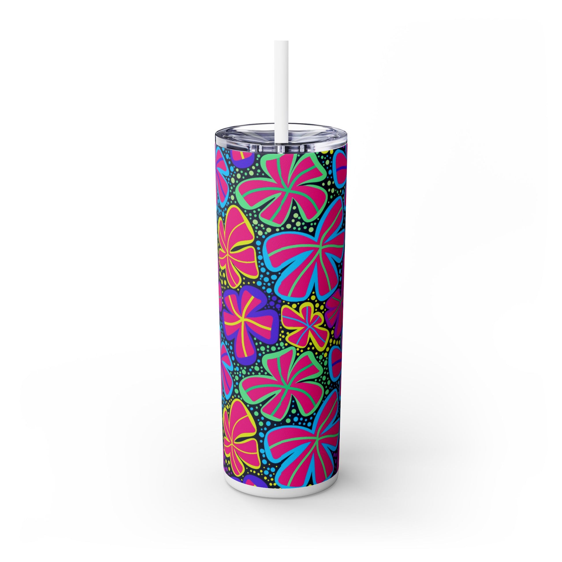 Tumbler with colorful floral pattern on a white background. Vibrant Floral Skinny Tumbler, 20oz | Reusable Drink Cup for Home, Office, Road Trips | Fun Gift for Spring, Summer, Birthdays, Garden Party...