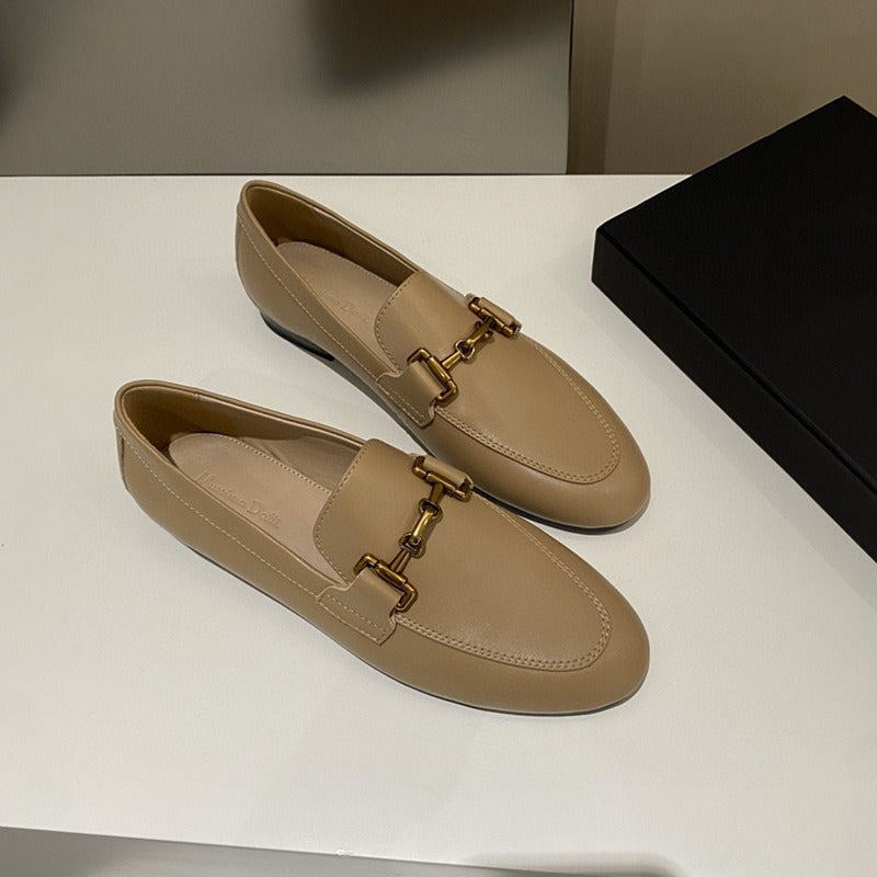Women's shoes round toe sheepskin flat bottomed metal buckle leather loafers
