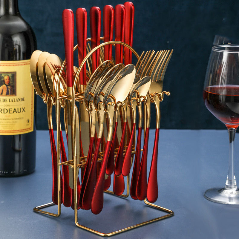 Stainless steel tableware 24 pieces set Western steak knife fork spoon restaurant hotel with storage rack gift box