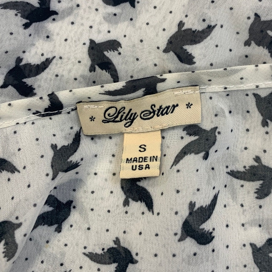 Lily Star Womens Small Sheer Bird Polka Dot Pullover Long Sleeve Blouse