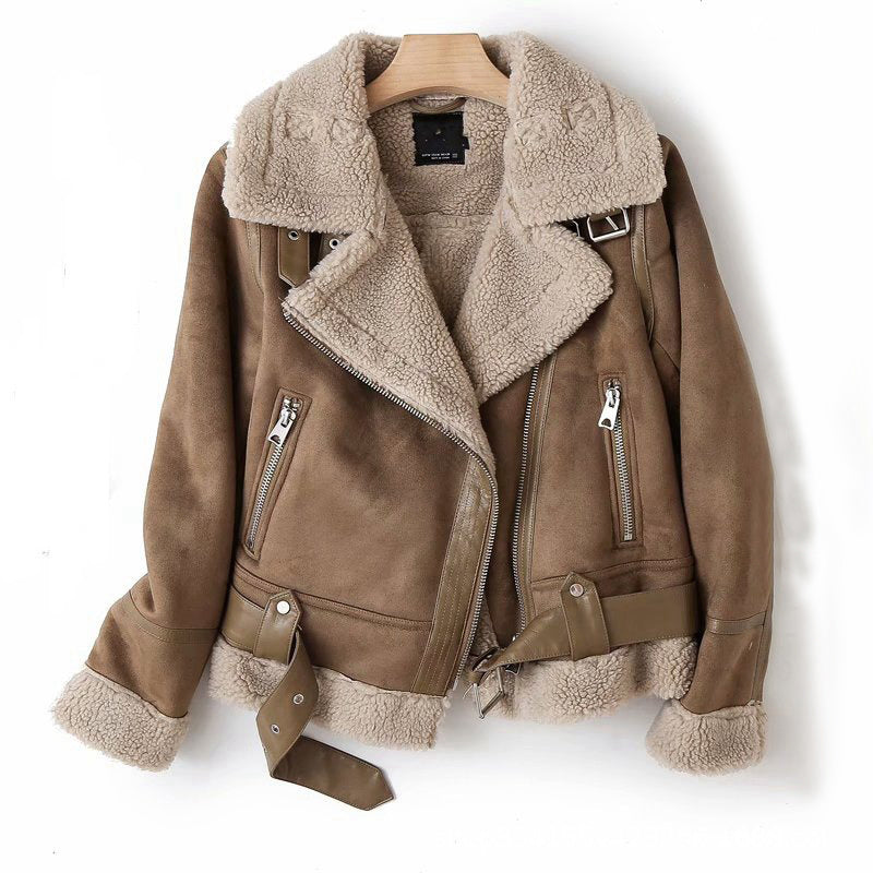 Suede Lamb Wool Warm Lapel Coat Motorcycle Clothing Women's Outwears