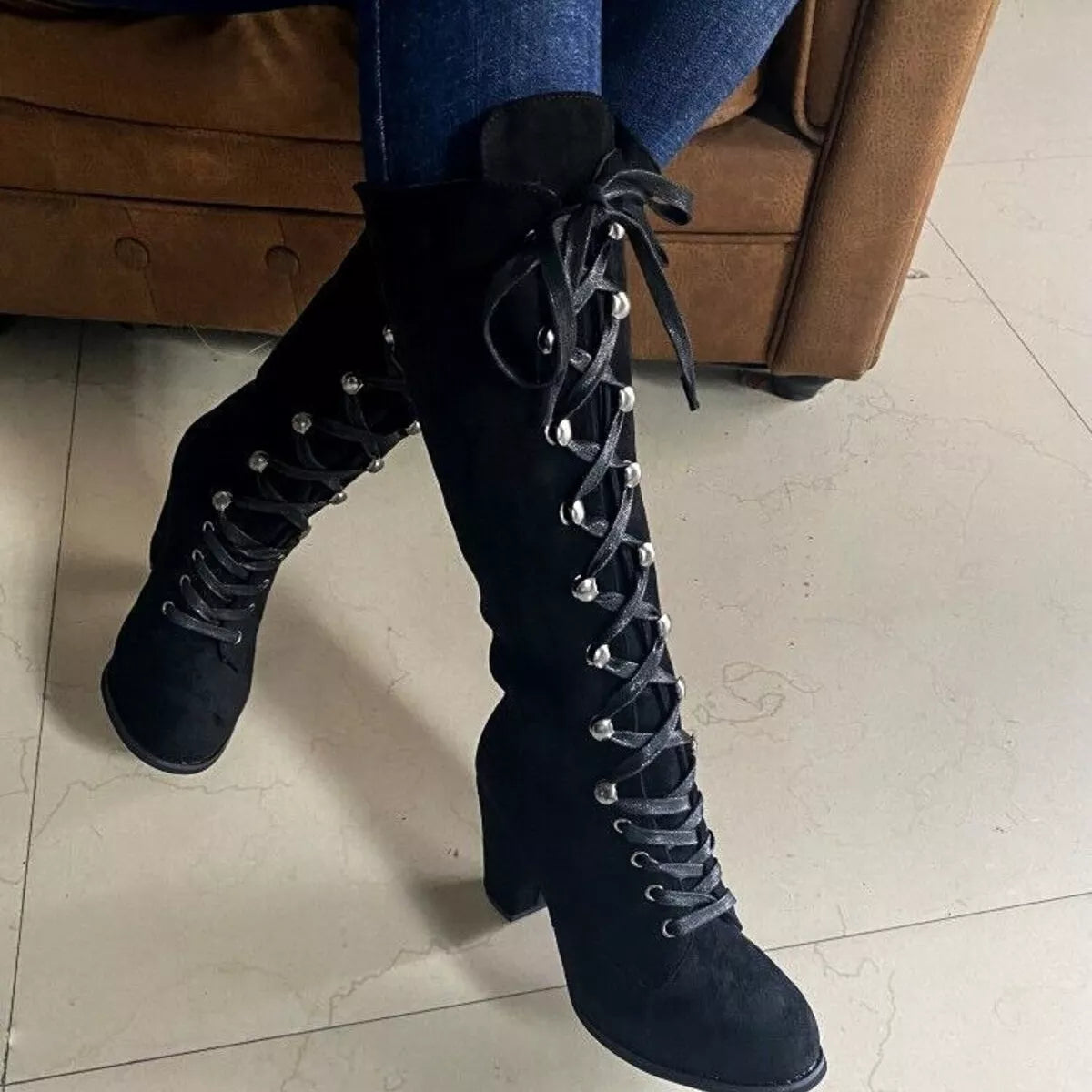 Lace Up Block Heels Boots
