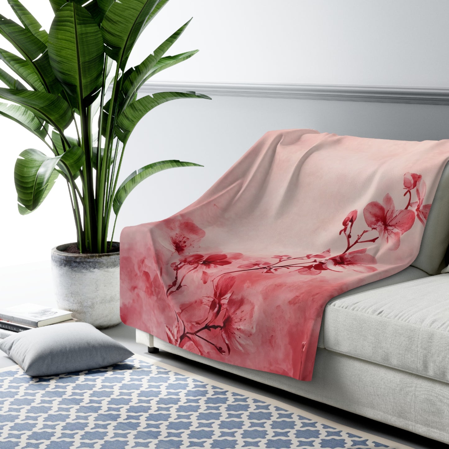 Pink Floral Branch Sherpa Fleece Blanket Blossom Watercolor Throw