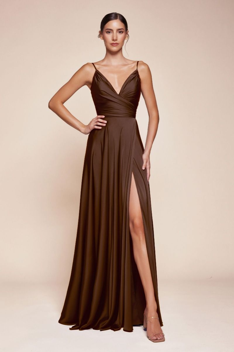 Soft Satin A-Line Bridesmaid Dress w/ Elegant Leg Slit & Spaghetti Straps CD7485