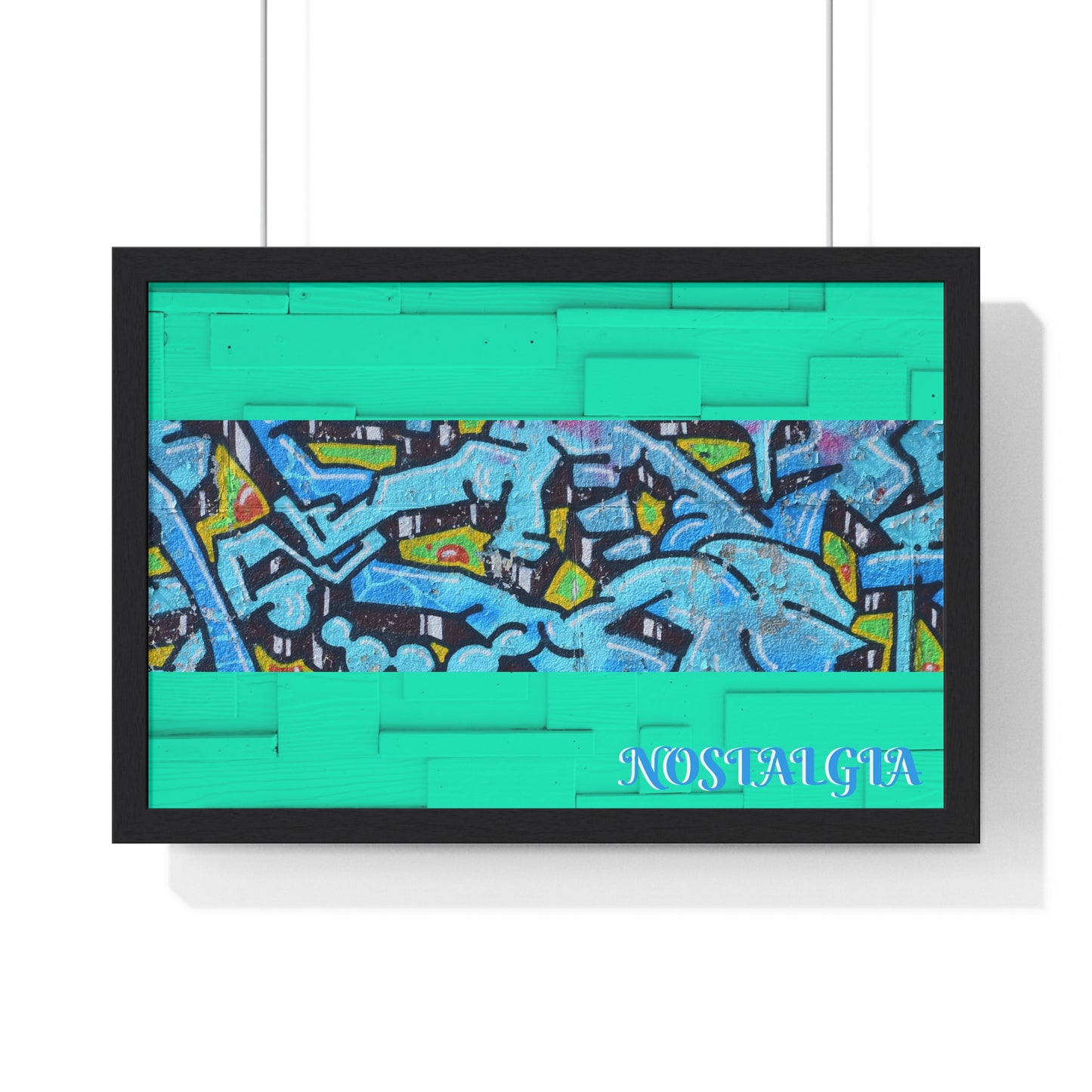Nostalgia Graffiti Horizontal Framed Poster — Teal Urban Street Art Print