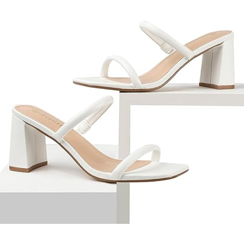 Avidirk Womens Size 7.5 White 2 Strap Slide On Open Toe 3" Chunky Heel Sandals