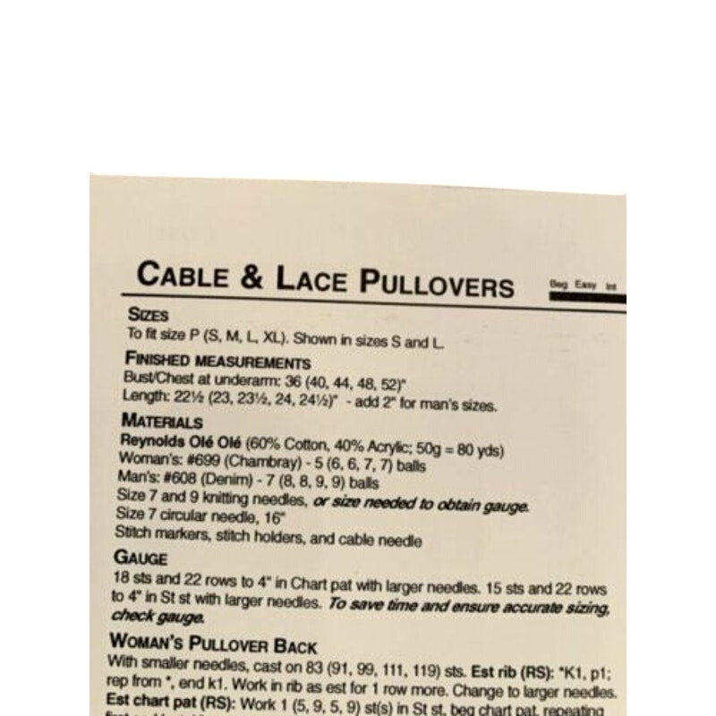 New Reynolds Yarns Ole-Ole 82294 Cable & Lace Pullover Knitting Pattern New