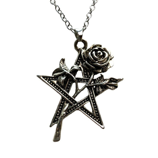 Vintage Five Point Silver Toned Filigree Star Rose Pendant 20" Chain Necklace