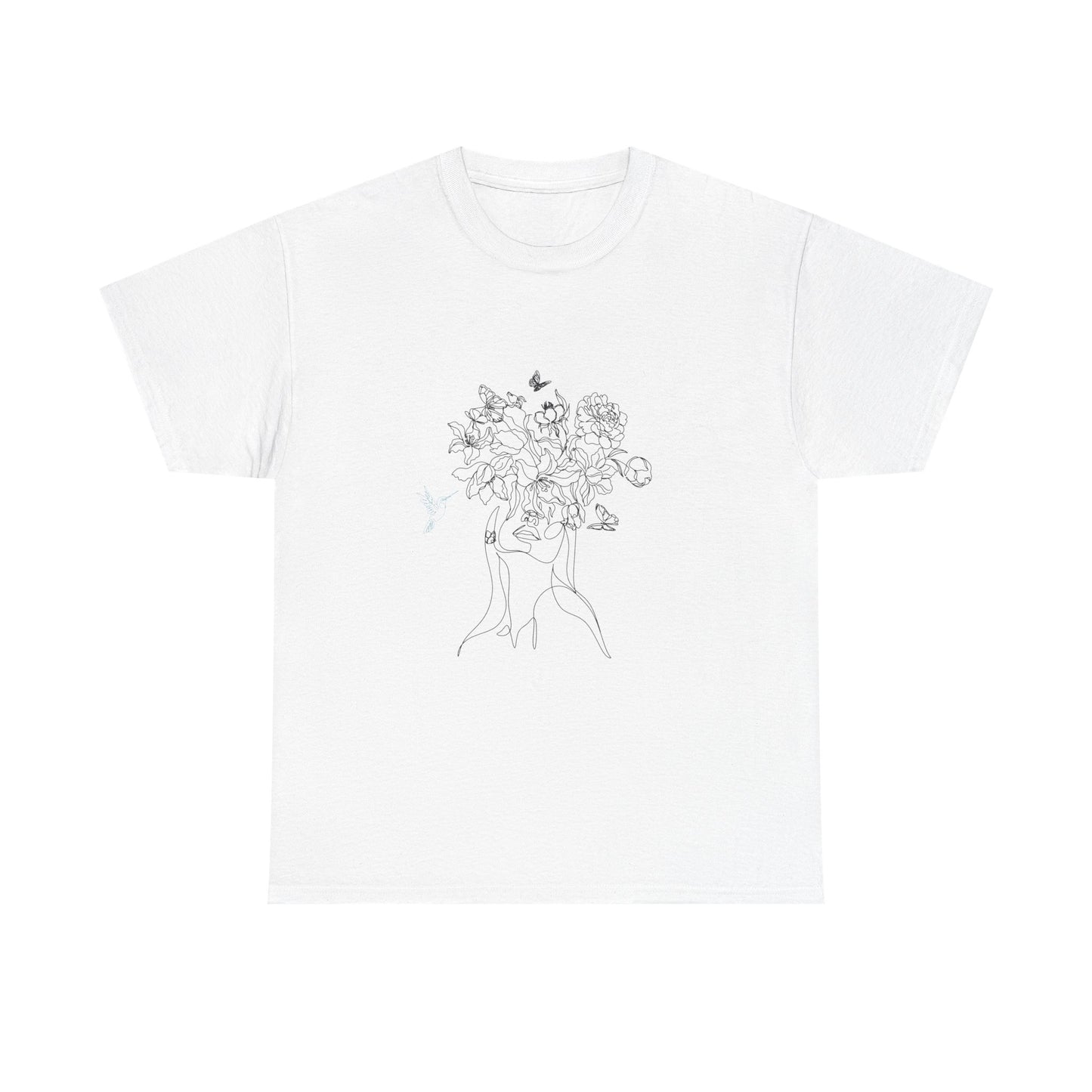 Floral Art Sketch Woman Flowers Hummingbird Unisex Heavy Cotton Tee - Beautiful Gift for Her, Everyday Comfort, Spring Style, Unique Graphic Shirt