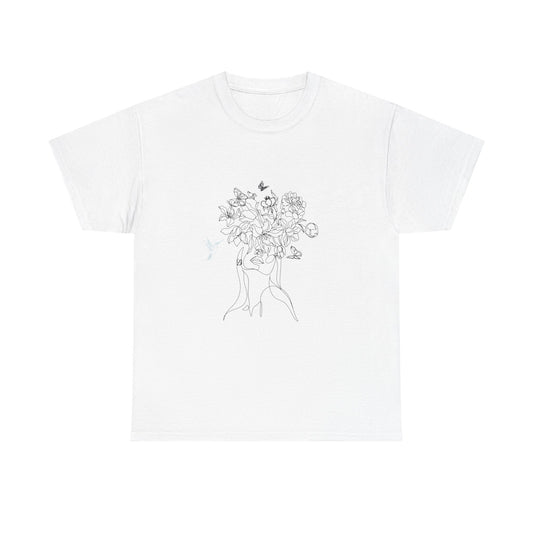 Floral Art Sketch Woman Flowers Hummingbird Unisex Heavy Cotton Tee - Beautiful Gift for Her, Everyday Comfort, Spring Style, Unique Graphic Shirt