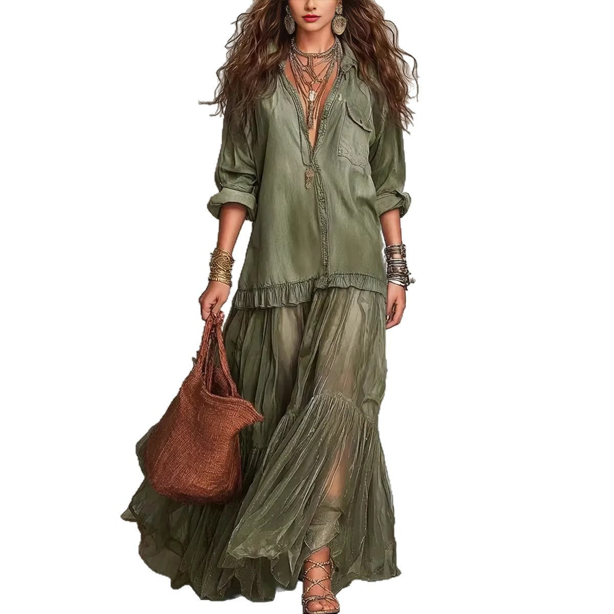 Women's Retro Lapel Collar Faux Denim Maxi Dress Casual Pocketed Dress