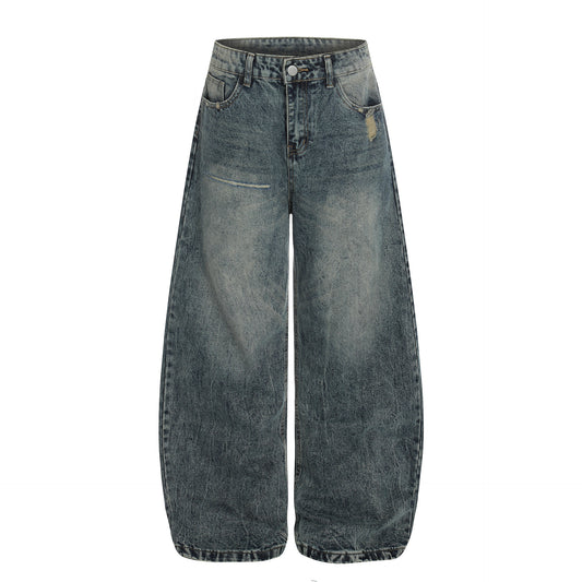 Distressed Cat-Whisker Wide-Leg Jeans Loose Silhouette Knife-Pants Versatile Floor-Length Pants