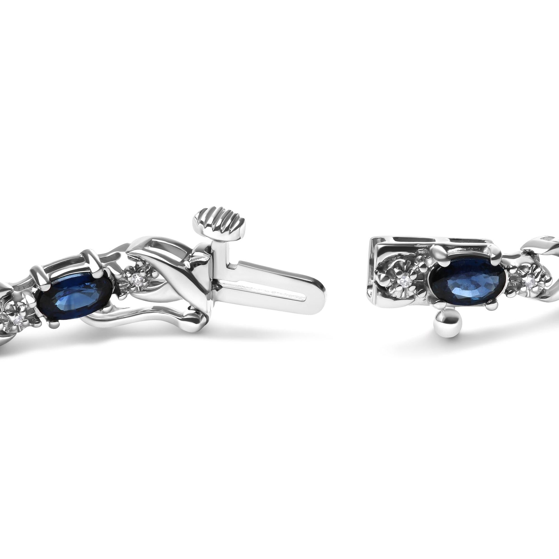 10K White Gold 5x4mm Oval Sapphire Gemstone and 1/10 Cttw Diamond Prong Set "X" Link Bracelet - Size 7" (H-I Color, SI1-SI2 Clarity)-1