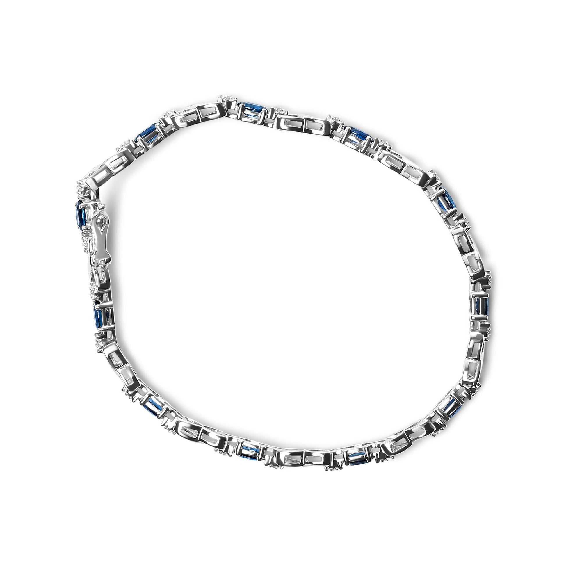 10K White Gold 5x4mm Oval Sapphire Gemstone and 1/10 Cttw Diamond Prong Set "X" Link Bracelet - Size 7" (H-I Color, SI1-SI2 Clarity)-3