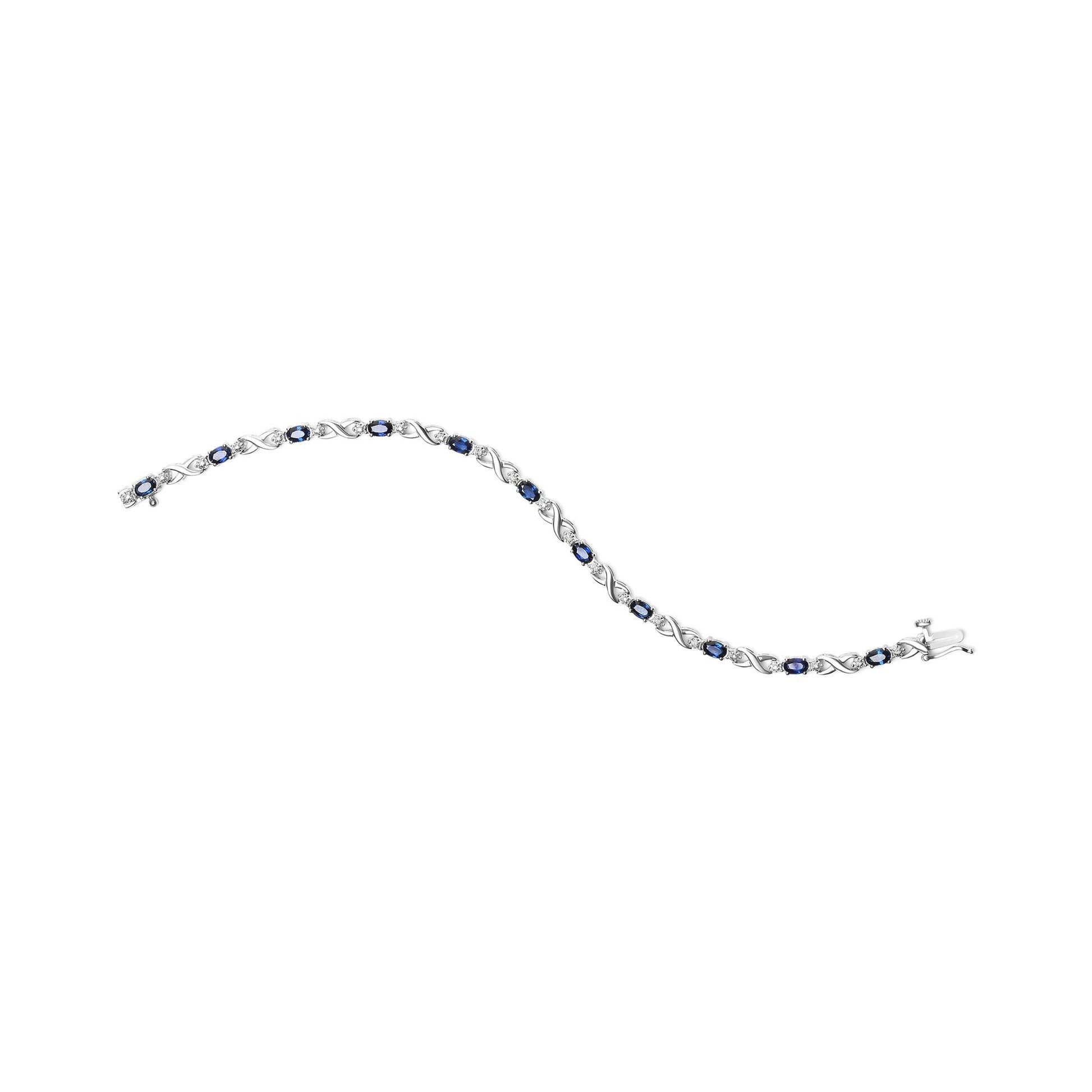 10K White Gold 5x4mm Oval Sapphire Gemstone and 1/10 Cttw Diamond Prong Set "X" Link Bracelet - Size 7" (H-I Color, SI1-SI2 Clarity)-4