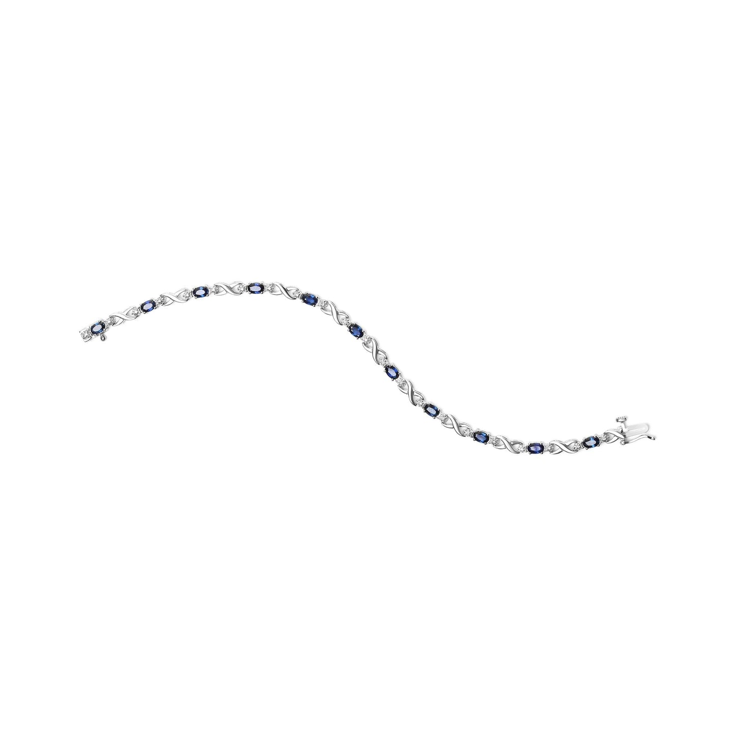 10K White Gold 5x4mm Oval Sapphire Gemstone and 1/10 Cttw Diamond Prong Set "X" Link Bracelet - Size 7" (H-I Color, SI1-SI2 Clarity)-4