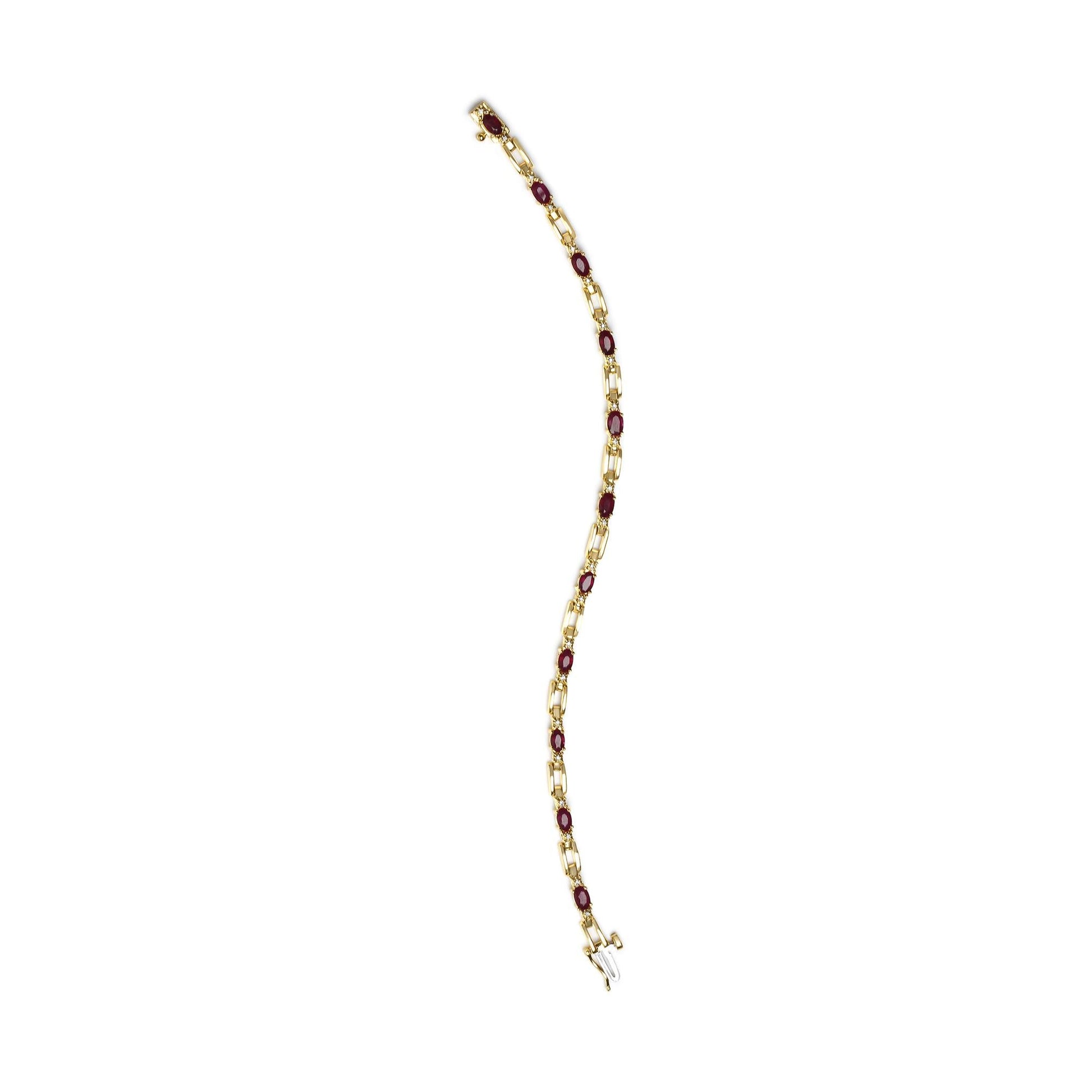 10K Yellow Gold Oval Ruby and 1/10 Cttw Diamond Bar Prong Set Bracelet (H-I Color, SI1-SI2 Clarity)  - Size 7"-4