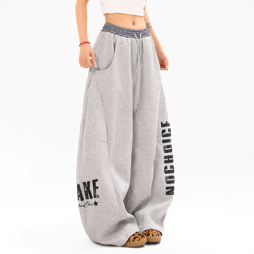 Spliced Letter Print Casual Pants Unisex Loose Wide-Legged Tapered Pants