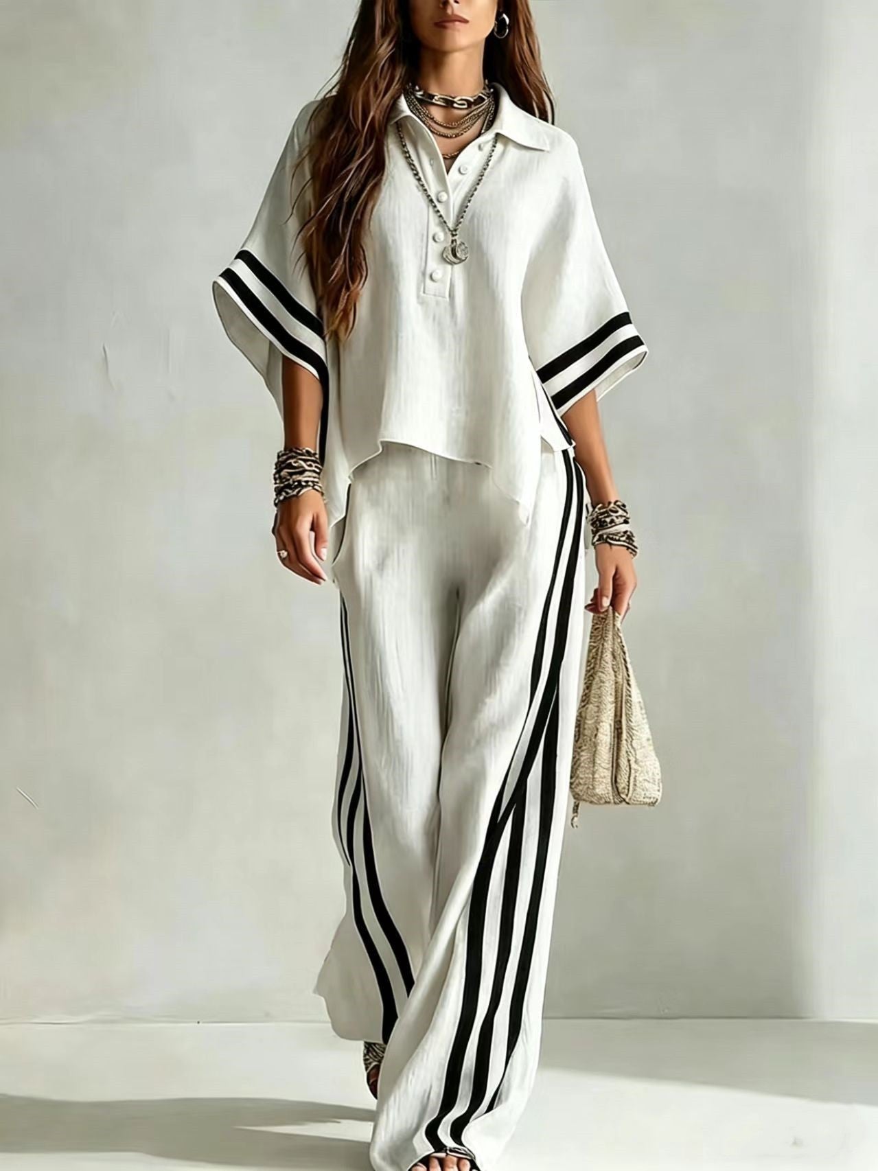 Womens Clothing Short-Sleeve Shirt And Loose Pants Two-Piece Set