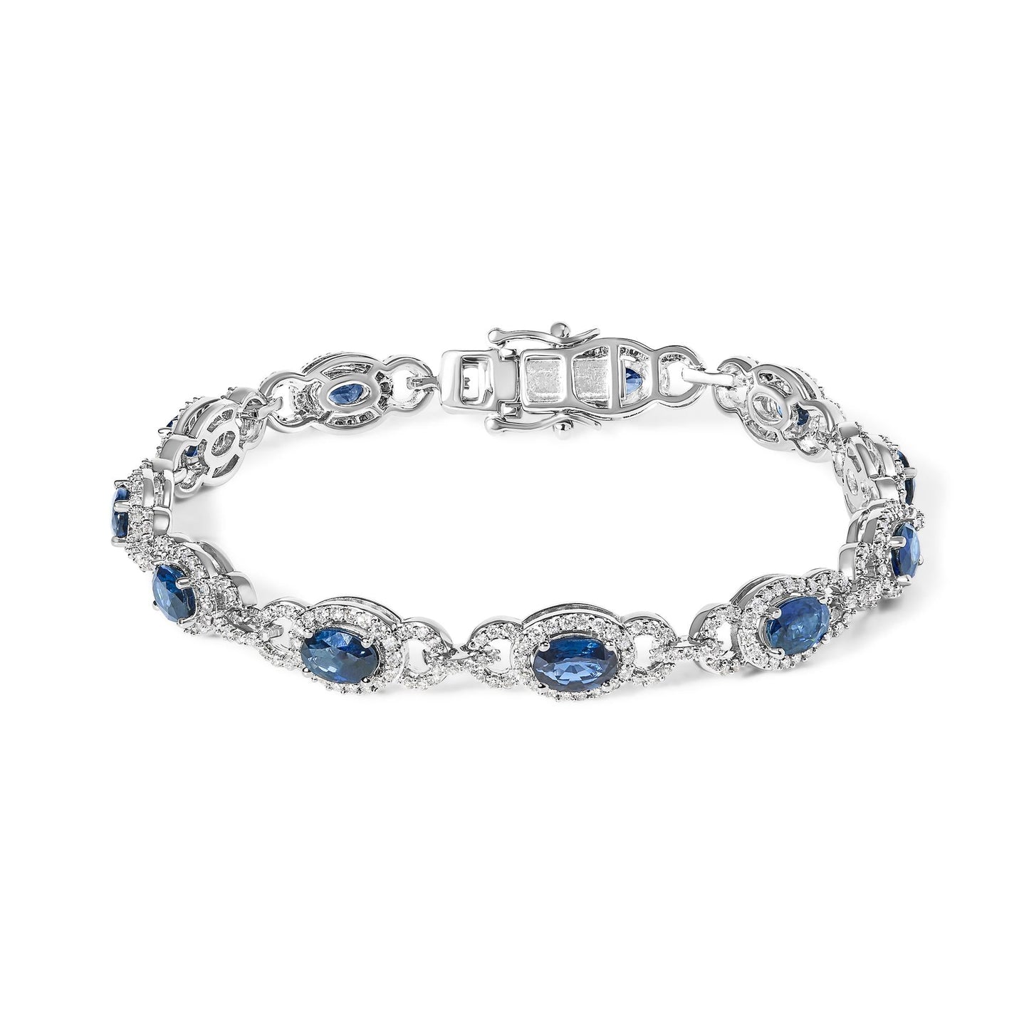 14K White Gold Vintage-Inspired Oval Blue Sapphire & Diamond Link Bracelet-0