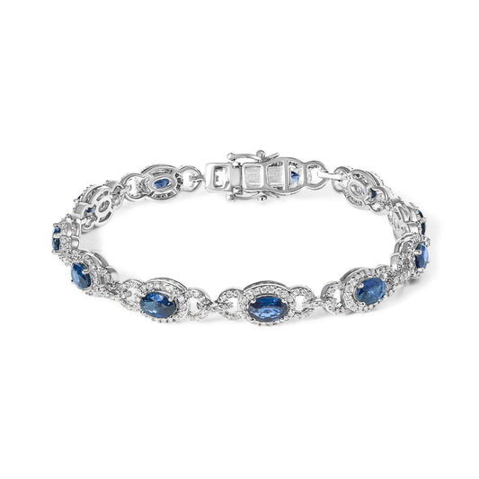 14K White Gold Vintage-Inspired Oval Blue Sapphire & Diamond Link Bracelet-0