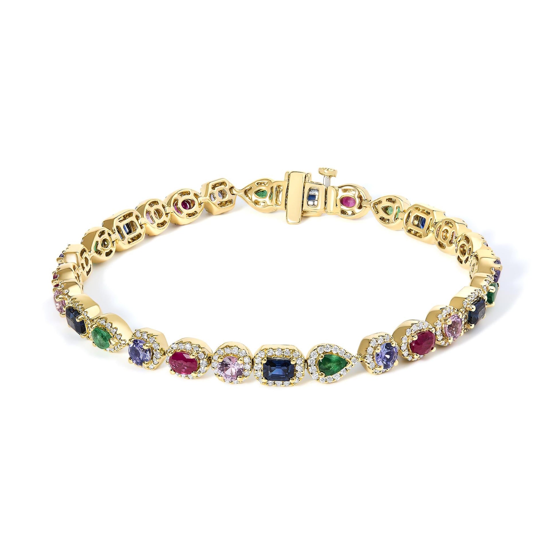14K Yellow Gold Multi-Gemstone  and Diamond Halo Rainbow Tennis Bracelet-0