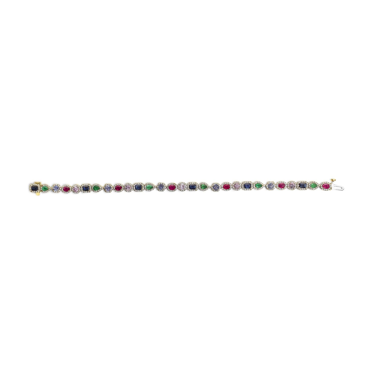14K Yellow Gold Multi-Gemstone  and Diamond Halo Rainbow Tennis Bracelet-3
