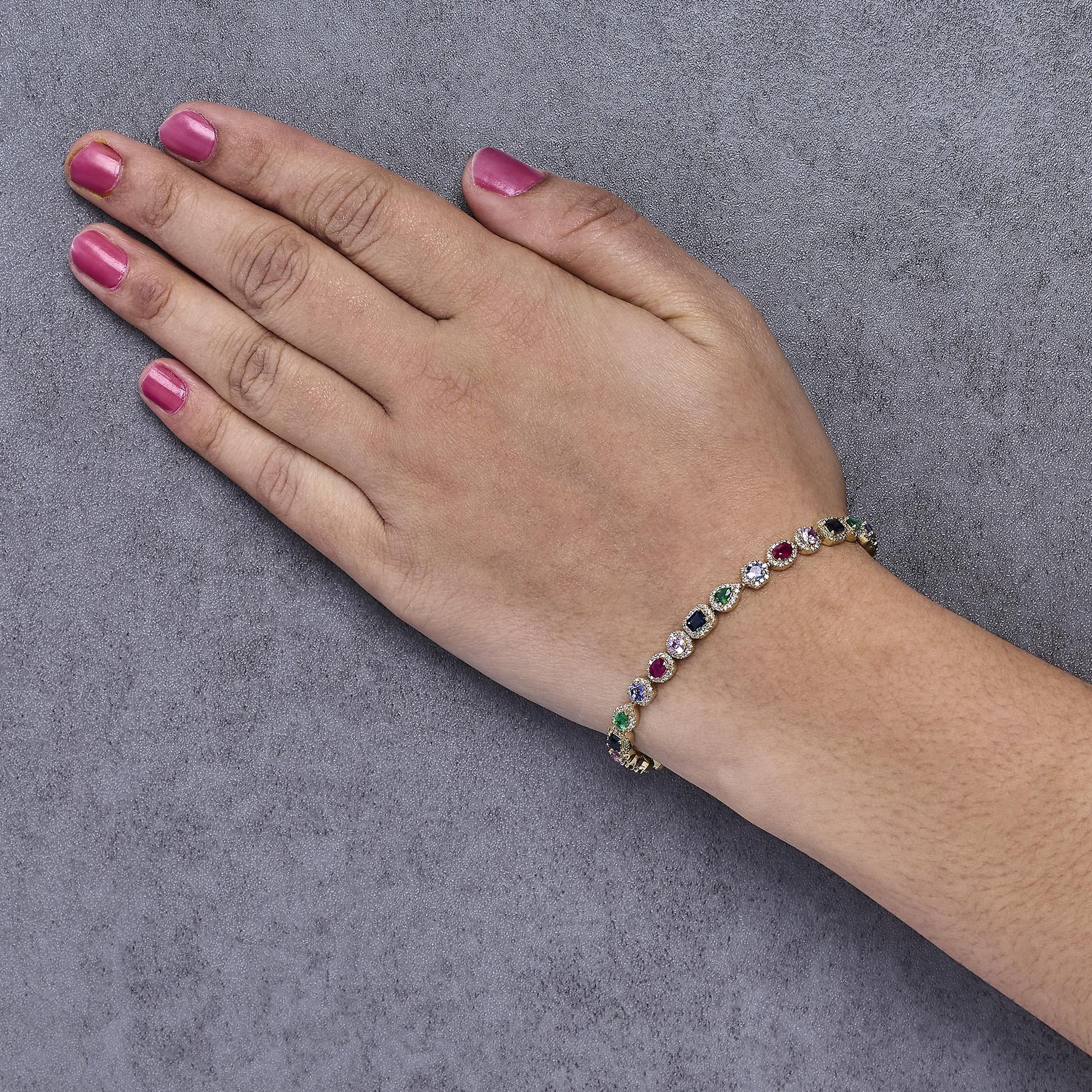 14K Yellow Gold Multi-Gemstone  and Diamond Halo Rainbow Tennis Bracelet-2