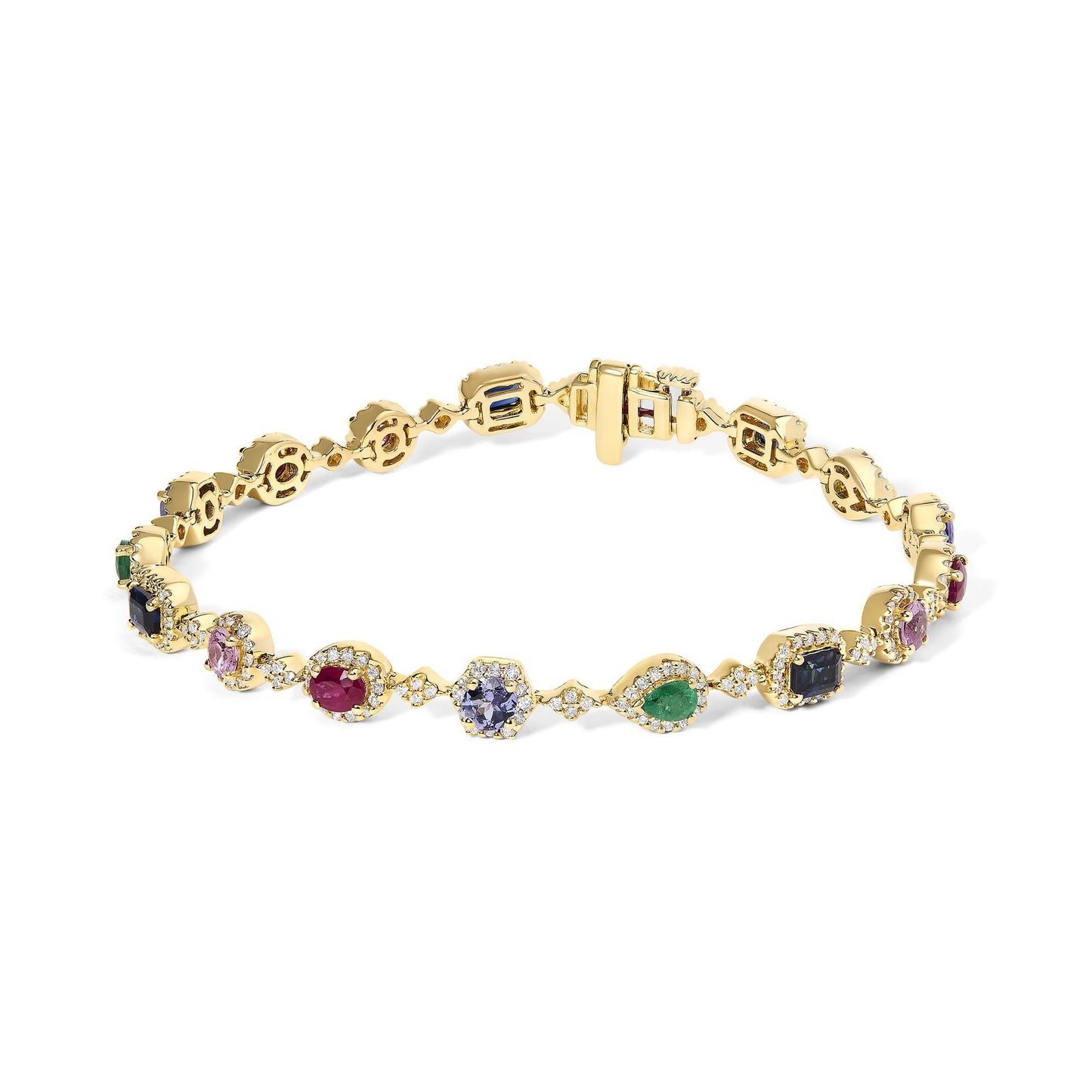 14K Yellow Gold Multi-Gemstone  and Diamond Halo Rainbow Link Bracelet-0