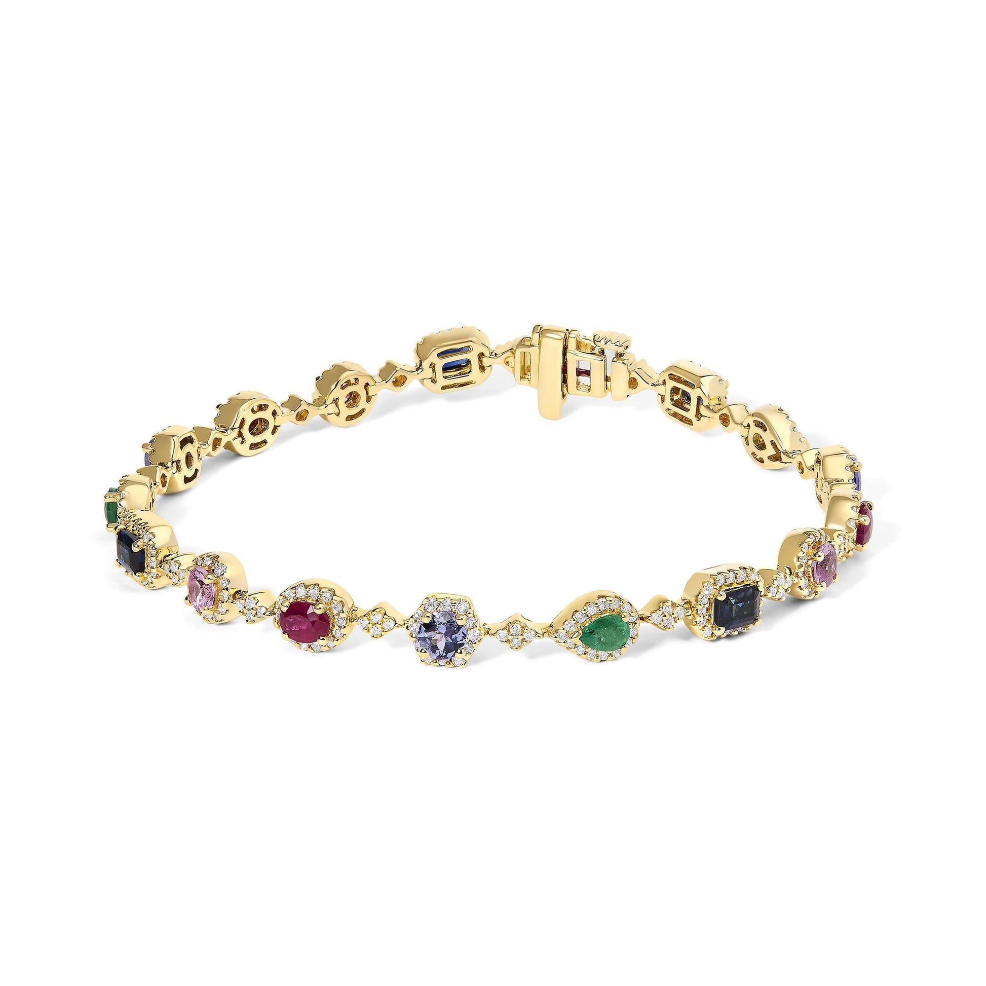 14K Yellow Gold Multi-Gemstone  and Diamond Halo Rainbow Link Bracelet-0