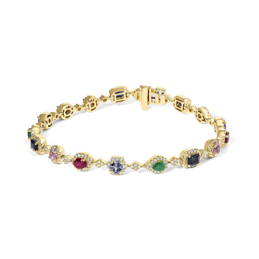 14K Yellow Gold Multi-Gemstone  and Diamond Halo Rainbow Link Bracelet-0
